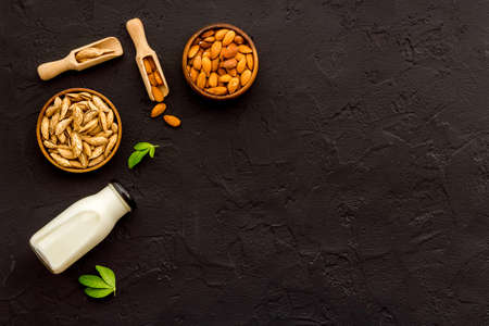 Organic almond milk with almond nuts. Non dairy vegan drinkの写真素材