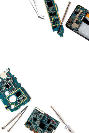 Tweezer with microchip on circuit board. Tech support or repair servise concept