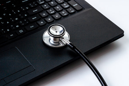 Computer with stethoscope. Tech support or repaire pc system concept