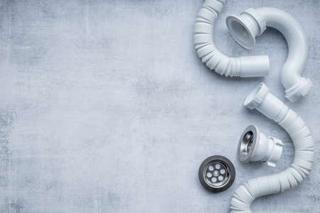 Plumbing pipes top view. Plumbing work backgroundの写真素材