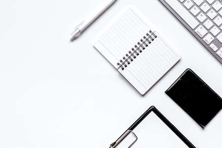 office desk design with notebook and wallet top view space for textの写真素材