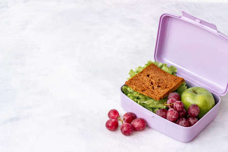 Healthy food in school lunch box. Meal with sandwich and fruitsの写真素材