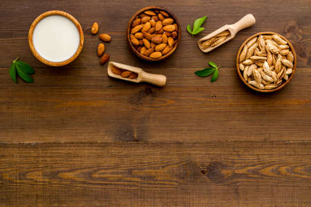 Organic almond milk with almond nuts. Non dairy vegan drinkの写真素材