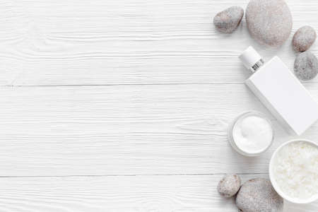 Blank empty white cosmetic tube and bottle, flatlayの写真素材