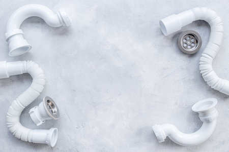 Plumbing pipes top view. Plumbing work backgroundの写真素材