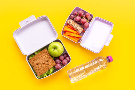 Kid school lunch box set of fruits and vegetables, top viewの写真素材