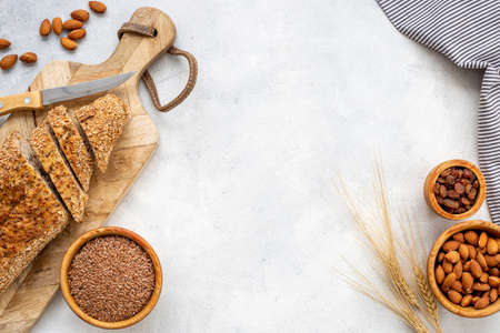 Healthy homemade bread with nuts and fruits. Top viewの写真素材