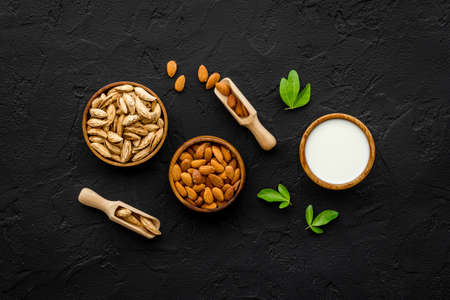Sweet almond milk with nuts. Organic vegan drinkの写真素材