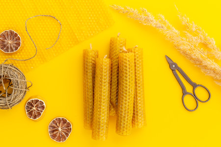 Eco home decor product. Handmade beeswax honey aroma candles. DIY conceptの写真素材