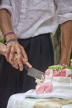 Bride & Groom cutting the cakeの写真素材