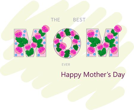 Beautiful flowers with the text Mom isolated on white. For Happy Mother's Day celebration. Word Mom from flower font.のイラスト素材