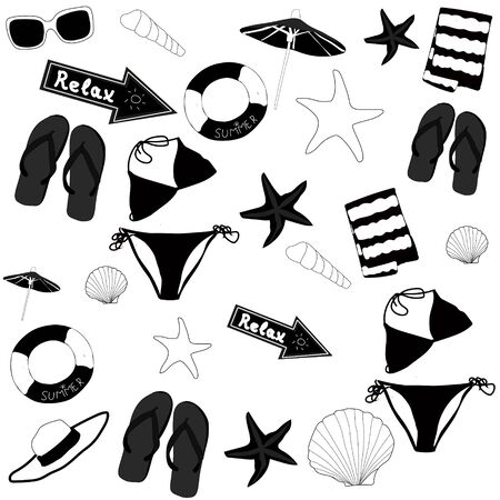 Vector illustration of seamless pattern with beach summer symbols in black and white color.のイラスト素材