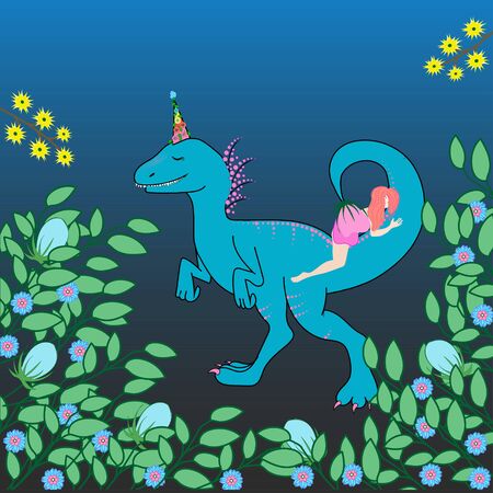 Cute girl sleeping with her pet dinosaur. Vector illustration of character in cartoon flat style. graphic printed design.のイラスト素材