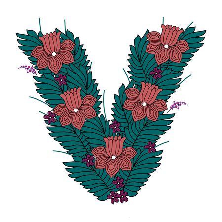 Floral Alphabet Monogram Letter V Made of Flowers and leafs.のイラスト素材