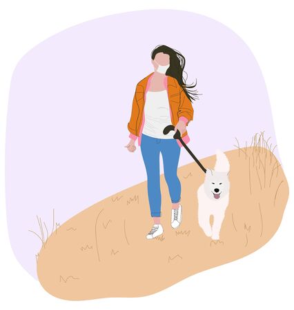 A girl in a protective medical mask walks a dog on the field. Leisure with a pet during quarantine. Safe walk with pet in the fresh air.のイラスト素材