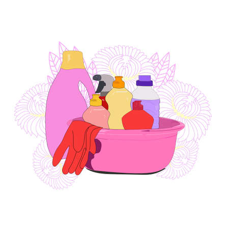 Cleaning and cleaning products for cleaning the house. Rubber gloves, brush, trash can, window spray on a flowers background.Vector illustrationのイラスト素材