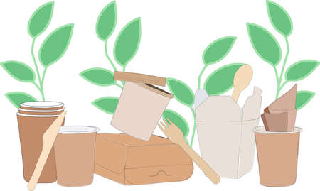 Ecological craft packaging for food on a background of leaves. Eco concept for storefront, fast food, delivery service.のイラスト素材