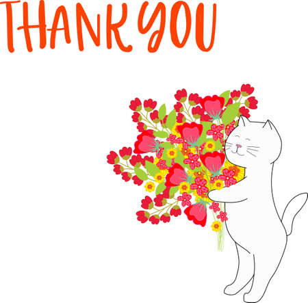 Thanksgiving card. Cat with a bouquet of red flowers. Thank you text and cat with flowers.のイラスト素材