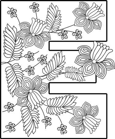 Coloring Book Floral Ornamental Alphabet, Initial Letter E Font. Vector Typography Symbol. Antistress Page for Adults and Monograms.Isolated Poster or Cover Designのイラスト素材