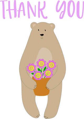 Cute thank you card with bear and flowers. Poster in a cozy cartoon style. Vector illustration. Awesome baby card in vector.のイラスト素材