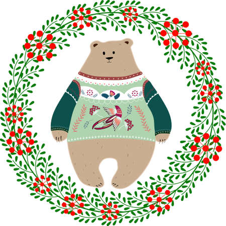 Beautiful vector Christmas illustration with cute Bear in sweater. Merry Christmas card with wreath. Stylish illustration.のイラスト素材