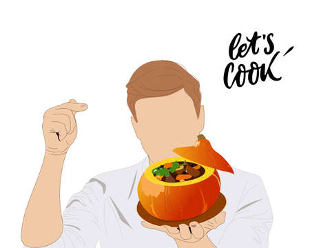 Chef with a pumpkin dish. Let's cook it!のイラスト素材