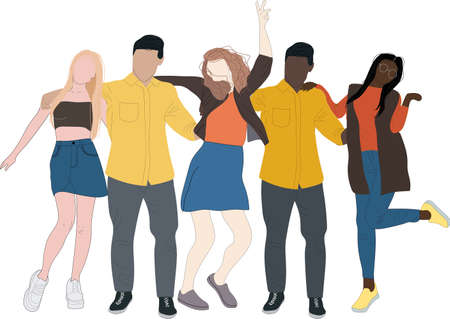 Group of multicultural students flat vector illustration. Young girls and boys characters on white background. Happy teenager in casual clothes. Youth lifestyle.のイラスト素材