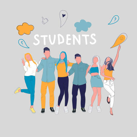 Group of happy students on color background. People with doodles of student life.のイラスト素材