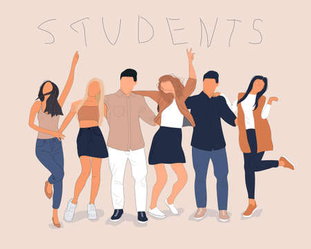 Group portrait of teenage boys and girls or student friends standing together, hugging each other, waving hands. Happy students isolated over white background. Flat vector illustration.のイラスト素材