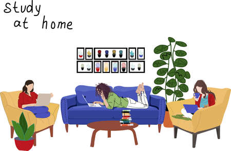 girls with laptops sitting on the chairs and couch in room. Freelance or studying concept. Cute illustration in flat style.のイラスト素材