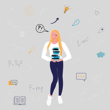 Student nerd lady hold many books wear striped white shirt blue pants isolated gray color backgroundのイラスト素材