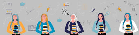 Group of students flat vector illustration. Young girls holding books characters on gray background....
