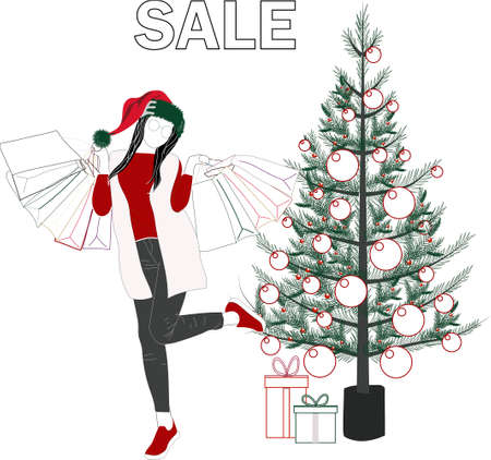 Vector new year, christmas holiday sale, discount or clearance. Happy cheerful woman with present boxes shopping bagsのイラスト素材