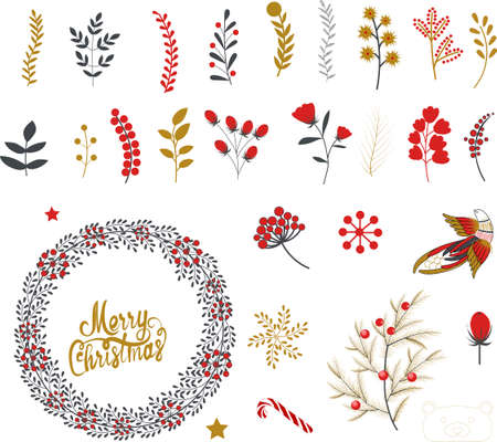 Christmas set of plants with flowers, fir branches, leaves and berries. Christmas trees. Handmade modern brush lettering. Handmade design elements in traditional colors.のイラスト素材