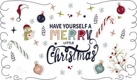 Have yourself a merry little christmas. Card with Christmas tree and composition of festive elements such as snowman, candies, garlands, heart, Christmas tree decorations.のイラスト素材