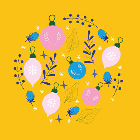 Blue and pink ornaments made circle decoration of snowflakes and trees toys on the yellow background. Christmas and New year bright greeting card.のイラスト素材