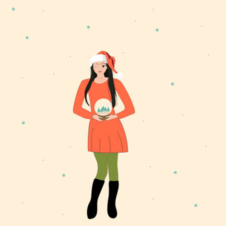 Cute girl in santa hat holding snow globe. Greeting card in retro style.