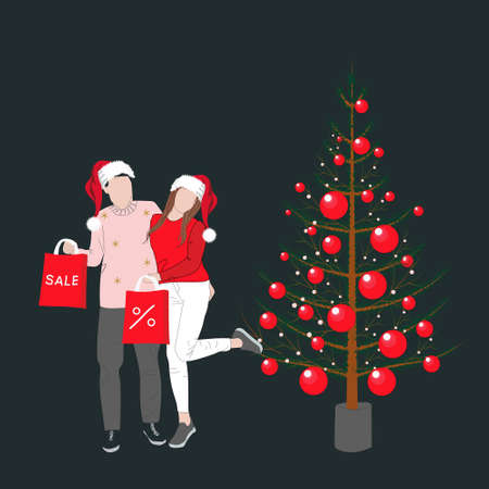 Happy couple goes for shopping. Mega Christmas sale. Boutique Sale. Woman and man shopping at a sale.のイラスト素材