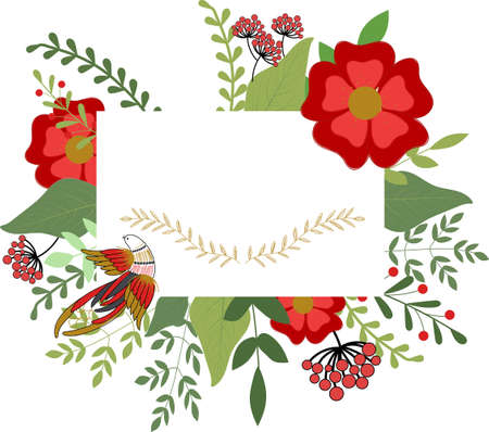 Festive Christmas card with branches and red flowers on a white background. Christmas template for banner, ticket, flyer, postcard, invitation, poster and so on.のイラスト素材