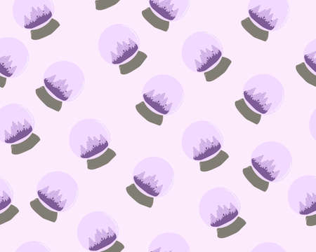 Christmas Snow globes with falling snow and Xmas tree seamless pattern on pink background. Cute Merry Christmas background. Glass ball gift design illustration.のイラスト素材