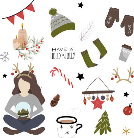 Vector set of Christmas elements, preparing for christmas: girl with gift box; Christmas decorations, christmas clothes; gifts and cozy winter accessories; festive letteringのイラスト素材