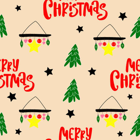 Seamless Christmas pattern with fir trees and toys. Christmas and new year wrapping paper.