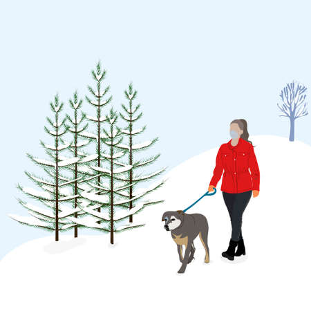 Walking the dog in winter. A girl in a protective medical mask walks a dog.のイラスト素材