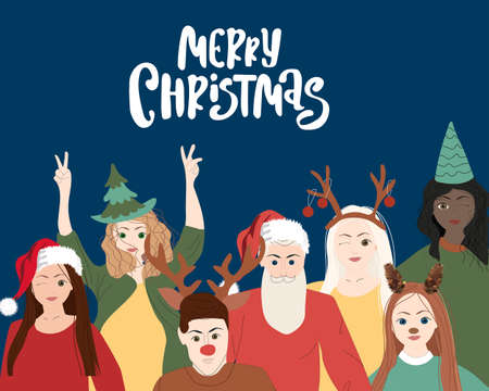 Merry Christmas banner illustration of young people friend group together at holiday winter party. Diverse costumes friends team from different cultures celebrating.のイラスト素材