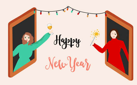 People video calling and sharing New years congratulations online, coronavirus prevention and safe New year celebration onlineのイラスト素材