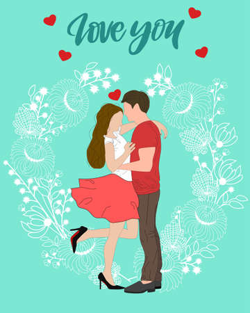 Couple in love on the flowers wreath background. Text I love youのイラスト素材
