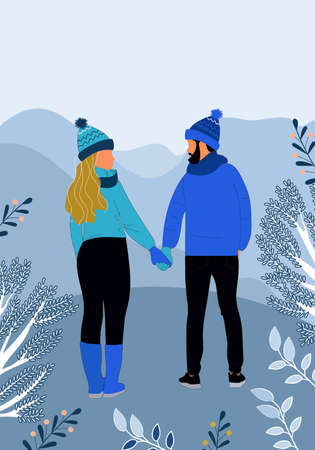 happy family. Cute vector poster, card or cover with an illustration of couple in love on winter backgroundのイラスト素材