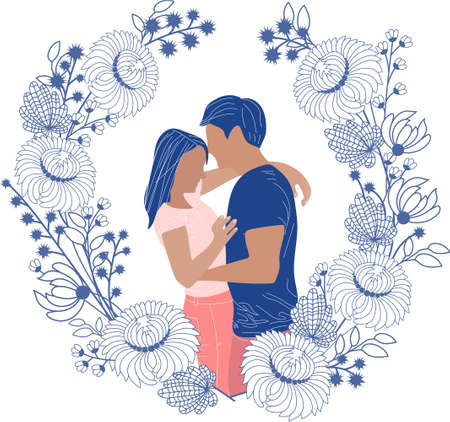 happy couple in love with blue floral wreath. Happy Valentine's Day, Love conceptのイラスト素材