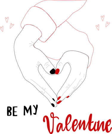 Postcard with hands making heart. Be my Valentine written at the bottom of the postcard. Concept of Valentine's Day, love, relationship. Flat vector illustration. Black and red contour on the whiteのイラスト素材