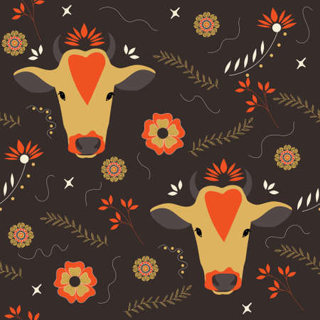 Seamless pattern. Chinese Happy new year. Year of the bull.のイラスト素材